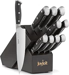 JoyJolt 11pc Kitchen Knife Set with Block. High Carbon, x50 German Steel Knives Set for Kitchen with Chef, Bread, Slicing, Nakiri, Utility, Paring and 4pc Steak Knife Set for Black Kitchen Decor