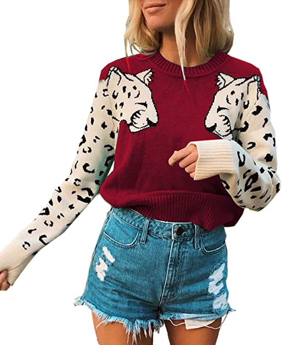 Angashion Women's Sweaters Casual Leopard Printed Patchwork Long Sleeves Knitted Pullover Cropped Sweater Tops