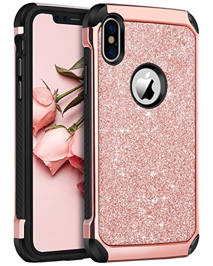 iPhone X Case, iPhone 10 Case, BENTOBEN Shockproof Glitter Sparkle Bling 2 in 1 Laminated with Shiny Faux Leather Hard Case Soft Bumper Protective iPhone X Cover for Girl Women, Rose Gold/Pink