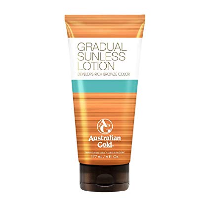 Australian Gold Gradual Sunless Tanning Lotion, Rich Bronze Color w/ Fade Defy Technology, Energizes & Softens Skin, Nutrient Rich Cacadu Plum & Vitamin B, Reef Safe Sunscreen, Cruelty Free, 6 Ounce