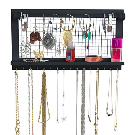 Espresso Jewelry Organizer with Removable Bracelet Rod from SoCal Buttercup - Wooden Wall Mounted Holder for Earrings Necklaces Bracelets and other Accessories