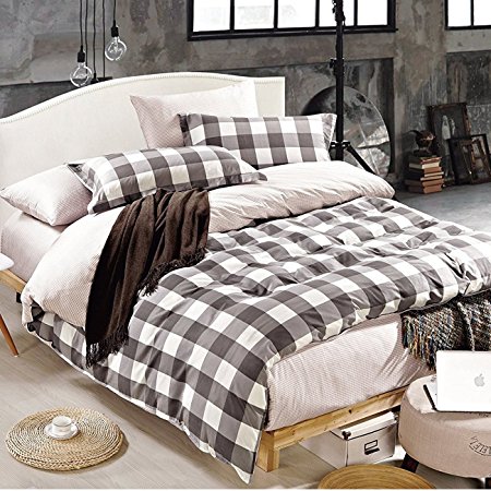 Duvet cover set queen full size 100 cotton 90 x 90 inch Gray and white plaid Reversible Color includes 3-piece soft breathable zipper closure beding sets bedspreads