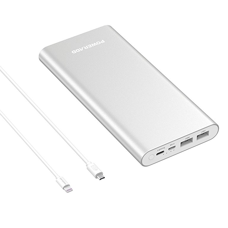 Poweradd Pilot 4GS Plus 20,000mmAh Portable Charger Power Bank with Lightning & Micro Input 3.6A Output for iPhone 7/ 6s/ 5s, iPad and Samsung Galaxy S8/ S7/ S6 and More - Silver (Apple & Micro Cable Included)