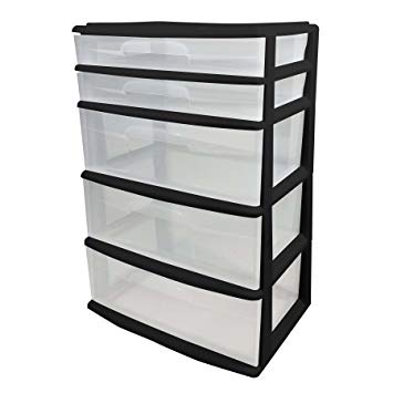 HOMZ Plastic 5 Drawer Wide Storage Tower, Black Frame, Clear Drawers, Set of 1