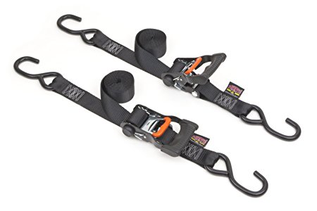 1½" x 7ft PowerTye® Mfg Made in USA Ergonomic Locking Ratchet Tie-Downs with Heavy-Duty S-Hooks, Black (pair)