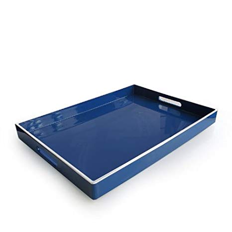 American Atelier Rectangle Tray with Handles, Blue with White Line