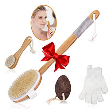 Dry Brushing Body Brush for Cellulite Lymphatic Body Brush Premium Natural Dry Skin Brush Set Detachable Long Bamboo Handle Exfoliating Brush Scrub Gloves Face Brush Pumice Stone Glowing Youthful Skin
