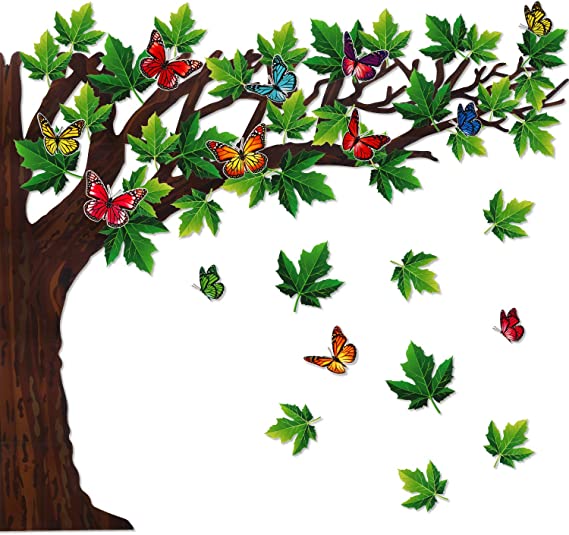 60 Pieces Big Tree Bulletin Board Set with Leaves and Butterflies, Woodland Whimsy Decor 70 x 55 Inch with 180 Pieces Removable Glue Point Dots for Classroom Decoration (Green Leaves)