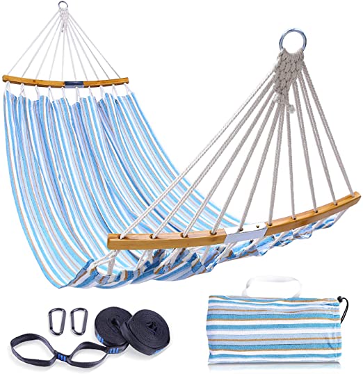 Double Hammock Swing with Tree Straps, Folding Curved-Bar Design, 2020 Upgraded Space-Saving Bamboo Hammock with Carrying Bag, Portable Hammock for Patio, Garden, Camping, Travel, Beach, Backyard, Blue Stripe