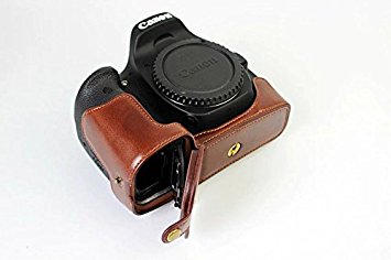 Clanmou Camera Bottom Opening Leather Case for Canon 80D with Blue Cleaning Cloth Dark Brown