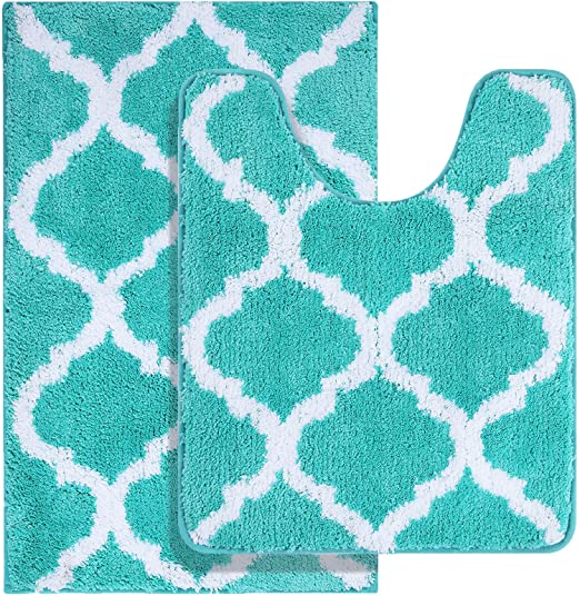 Olanly Bathroom Rugs Set 2 Piece Microfiber Bath Shower Mat and U-Shaped Toilet Rug, Machine Wash Dry, Non Slip Absorbent Shaggy Bath Rug for Tub, Shower and Bath Room (20" x 32" 20" x 24", Turquoise)