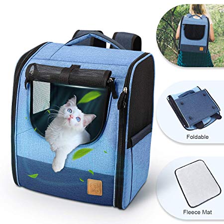 FRUITEAM Pet Carrier Backpack Soft Sided, Airline Approved Pet Travel Carrier 34cmL x 25cmW x 42cmH, Foldable Bicycle Pet Carrier Breathable Cat Bag Collapsible Outdoor Tote for Traveling Hiking Camping