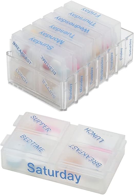 EZY DOSE Weekly (7-Day) Pill Organizer, Vitamin and Medicine Box, Pop-Out Compartments, 4 Times a Day, Clear Lids