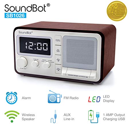 SoundBot Dual Alarm Clock FM Radio Bluetooth Wireless Portable Speaker 3W Output, 1A USB Charging Port, 30 Preset Station, 12/24 Hour Mode Acoustic Premium Driver Hi/Low Dimmer, 3.5mm Aux Port SB1026