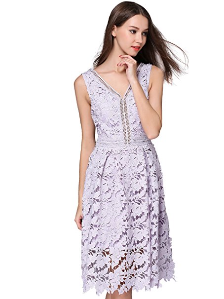 VELLASR Women's Vogue Lace V-neck Chic Cocktail Party Sleeveless Dress