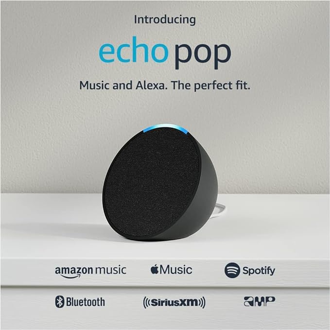 Echo Pop | Full sound compact smart speaker with Alexa - Charcoal   4 months of Amazon Music Unlimited FREE