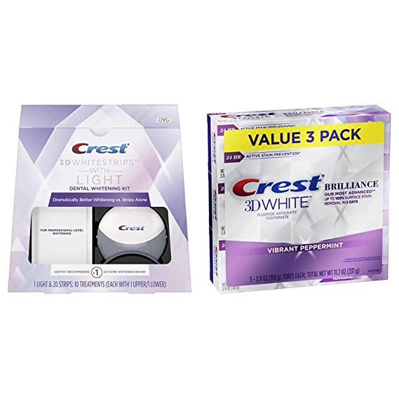 Crest 3D White Whitestrips with Light, Teeth Whitening Strips Kit, 10 Treatments, 20 Individual Strips (Packaging May Vary) and 3D White Brilliance Toothpaste (Pack of 3)