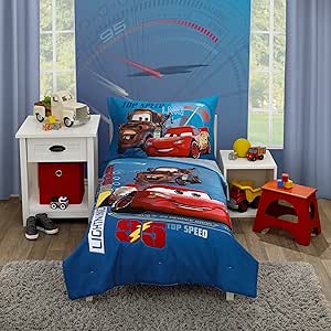 Disney Cars Piston Cup Circuit Blue, Red, and Yellow, Lightning McQueen and Mater 4 Piece Toddler Bed Set - Comforter, Fitted Bottom Sheet, Flat Top Sheet, and Reversible Pillowcase