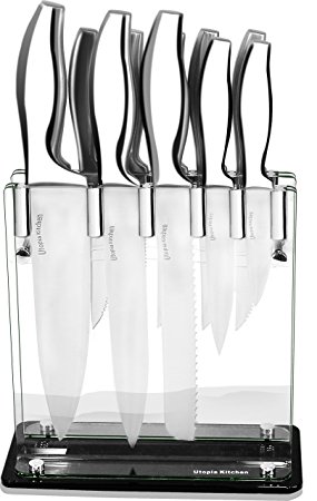 Utopia Kitchen Stainless-Steel 430 Grade 12 Piece Kitchen Knife-Set - Acrylic Knife Stand, 8" Chef Knife, 8" Bread Knife, 8" Carving Knife, 5" Utility Knife, 3.5" Paring Knife and 4.5" Steak Knives