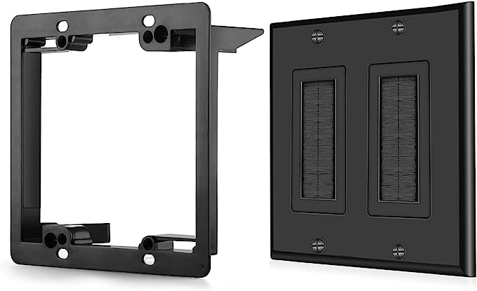 TNP Brush Wall Plate with Mounting Bracket Kit Double 2 Gang Cable Entry Access Brush Bristles Style Strap Opening Port Insert Socket Wiring Plug Jack Decorative Face Cover Outlet Mount Panel (Black)