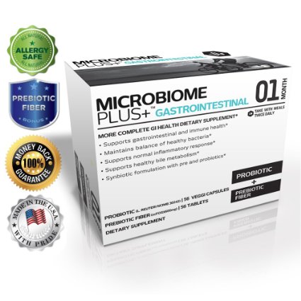 Microbiome Plus  Gastrointestinal Probiotics L Reuteri NCIMB 30242 and Prebiotics scFOS, GI Digestive Supplements, Allergy Safe & Gluten Free for Men and Women (1 Month Supply)