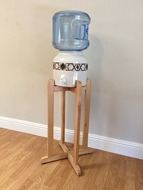 Set of Gold Band Ceramic Dispenser, Natural Wooden Stand, and 3 Gallon Bottle