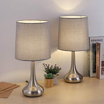 Bedside Table Lamps, Desk Lamps Brushed Nickel Nightstand Lamps with Grey Fabric Shades for Living Room Family Bedroom Bedside Office(Set of 2)