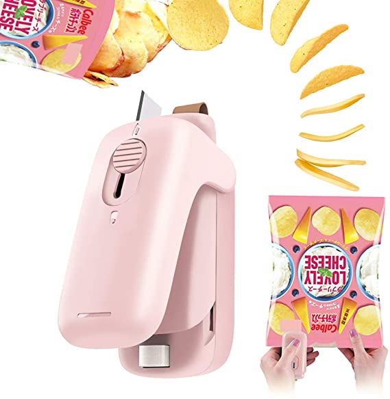 Bag Sealer, Portable Mini Sealer for Snack Bags 2 in 1 Smart Bag Sealer and Cutter Handheld Heat Sealer Stick to Refrigerator, Quick Seal for Plastic Bags Food Storage Snack Fresh Bag Sealer (Pink)