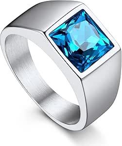 Bandmax Square Cut Gemstone Rings for Men Women, Black Onyx/Blue Topaz Signet Ring Cocktail Ring Statement Ring Personalized Birthstone Ring for Gift