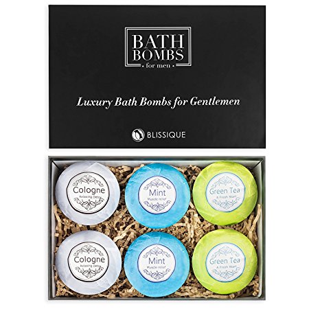 Blissique Bath Bombs for Men Set - Ultra Lush Big Assorted 5 Ounce Bombs, Manly Gift for Guys - Bubble Bath Salts Oils Fragrant Aromatherapy and Stress Relief Valentines Day