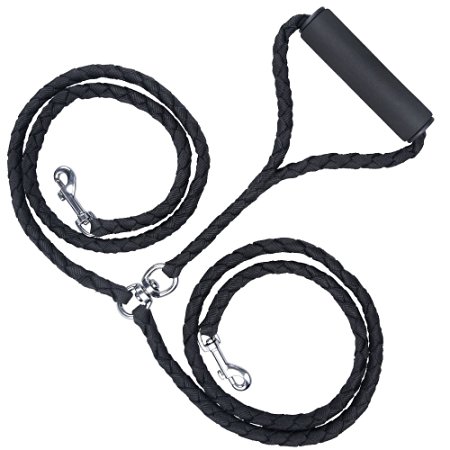 Dual Dog Leash, Peteast Tangle Free Swivel Nylon Dog Leash W Soft Foam Handle for Walking and Training Two Dogs
