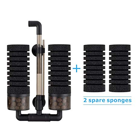 Hygger Aquarium Double Sponge Filter, Comes with 2 Spare Sponges, 1 Bag of Bio Ceramic Media Balls, Quiet Submersible Foam Filter for Fresh Water and Salt-Water Fish Tank