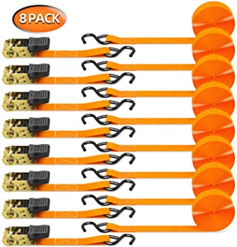 Ratchet Tie Down Strap 8-Pack 15 Ft - 500 lbs Load Cap with 1500 lbs Breaking Limit, Ohuhu Ratchet Tie Downs Logistic Cargo Straps for Moving Appliances, Motorcycle, Orange