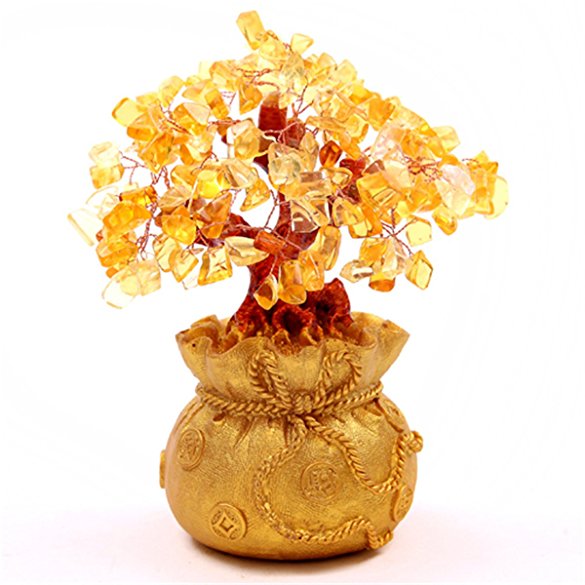 7" Feng Shui Citrine/ Yellow Crystal Money Tree in a Money Bag for Wealth Luck   Red string Bracelet SKU:H1011-1