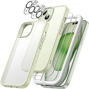 JETech 5 in 1 Matte Case for iPhone 15 Plus 6.7-Inch with 2-Pack Each Tempered Glass Screen Protector and Camera Lens Protector, Translucent Back Shockproof Phone Cover (Green)