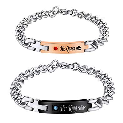 MJartoria Rhinestone Her King His Queen Stainless Steel His and Hers Couple Bracelet Set