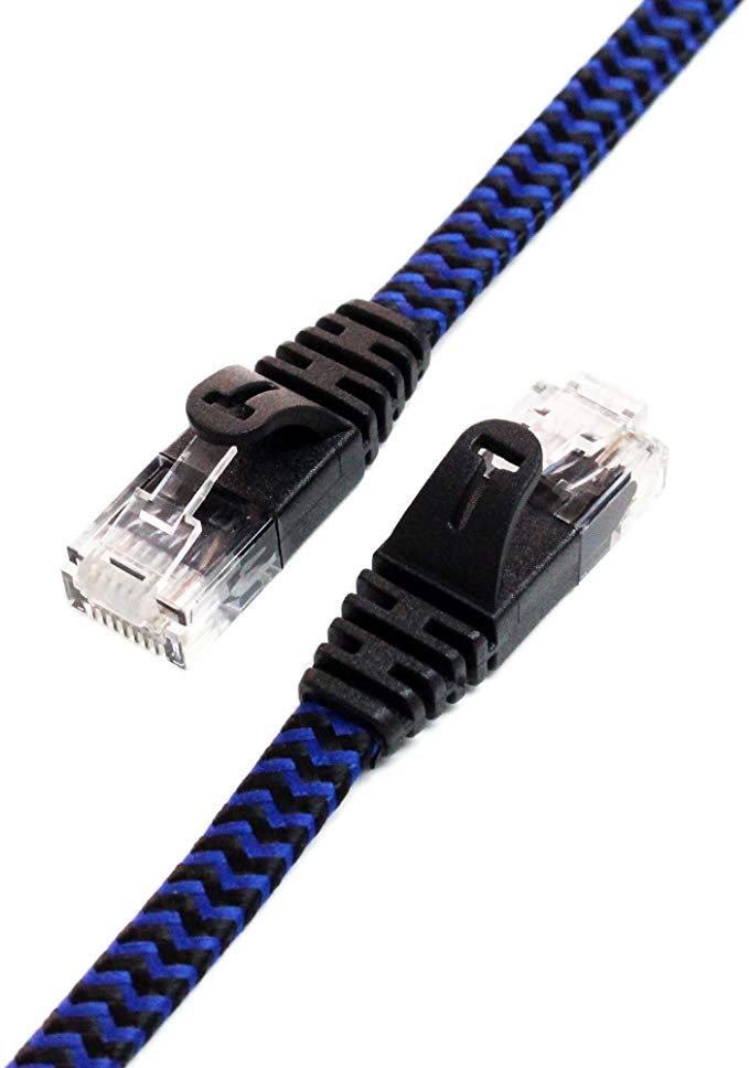 Tera Grand - 25 ft CAT6 10 Gigabit Ethernet Ultra Flat Braided Network Cable, Black/Blue, Computer Internet LAN Cable with Snagless RJ45 Connectors (25 Feet)