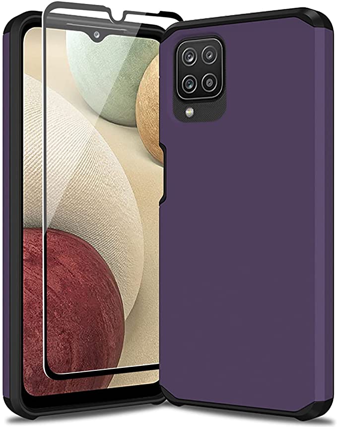SunRemex Galaxy A12 Case with 9H Tempered Glass Screen Protector,Heavy Duty Hybrid Shock Proof Protective Rugged Bumper Cover Case for Samsung Galaxy A12,Galaxy A12 5G Phone (Purple)