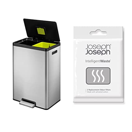 EKO EcoCasa II Dual Compartment Rectangular Kitchen Step Trash Can Recycler, 20L 20L, Brushed Stainless Steel Finish & Joseph Joseph 7030005CF Carbon Filter 2-Pack