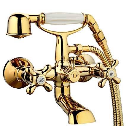 GAPPO Wall Mount Tub and Shower Faucet With Swivel Wall Connector & Handheld Shower, Polished Brass