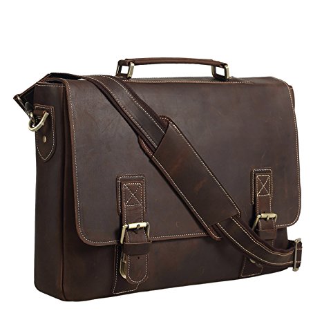 Texbo Genuine Men's Cowhide Leather Messenger Bag Briefcase Fit 15.6 Inch Laptop