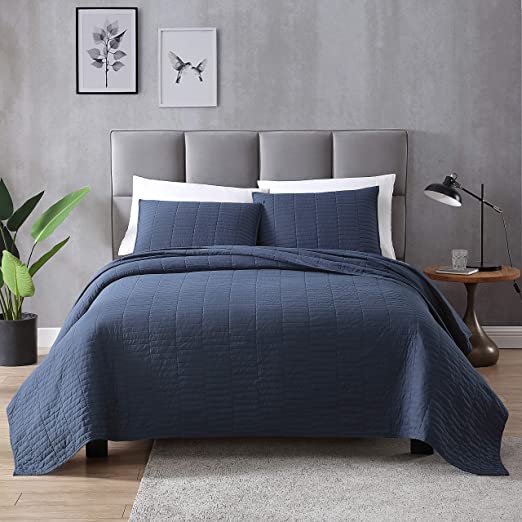 EXQ Home Summer Quilt Set Full/Queen Size Navy 3 Piece,Lightweight Soft Coverlet Modern Style Stitched Quilt Pattern Bedspread Set for All Season(1 Quilt,2 Pillow Shams)