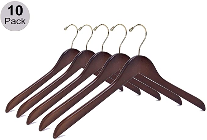 Quality Semi Curved Wooden Suit Hangers, Smooth Finish Solid Wood Coat Hanger with Swivel Hook, Jacket, Pant, Dress Clothes Hangers (Walnut - Gold Hook, 10)