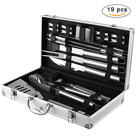 Beionxii Grill Tools Set-19 Pieces BBQ Tools Set Heavy Duty Stainless Steel Grilling Utensils with Aluminum Case, Complete Grill Accessories Perfect Outdoor Grilling Kit