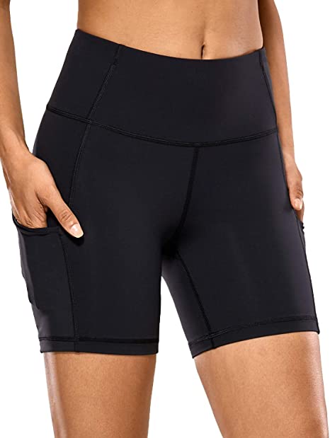 CRZ YOGA High Waisted Gym Biker Workout Shorts for Women Side Pockets Luxury Naked Feeling -6 inches