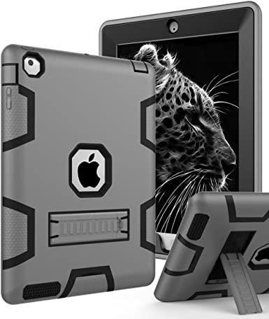 TOPSKY iPad 2 Case,iPad 3 Case,iPad 4 Case,iPad 2/3/4 Kids Proof Case,Heavy Duty Shockproof Rugged Kickstand Protective Cover Case for iPad 2nd/3rd/4th Generation Retina(A1416/A1458) Grey Black