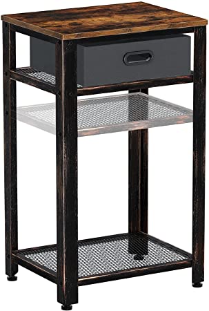 Rolanstar Tall Side Table, Telephone Table with Storage Bin, Industrial End Table with Height Adjustable Mesh Shelves and Stable Metal Frame, Retro Nightstand, Rustic Brown