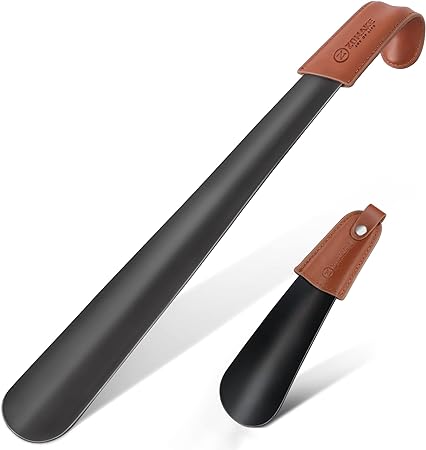 ZOMAKE Metal Shoe Horn 2Pcs - 42cm Shoehorn Long Handled Lazy Shoe Helper with Leather Handle,Extra Long Shoe Horns for Men Women the Elderly,17cm Small Shoehorns (42&17cm)