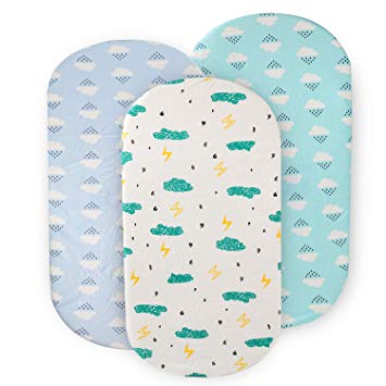 Bassinet Sheet Set 3 Pack 100% Jersey Cotton Super Soft for Baby Boy Girl, Fitted Sheet for Oval, Rectangle or Hourglass Bassinet Mattress, Cloud and Raindrop Print, White Blue and Green