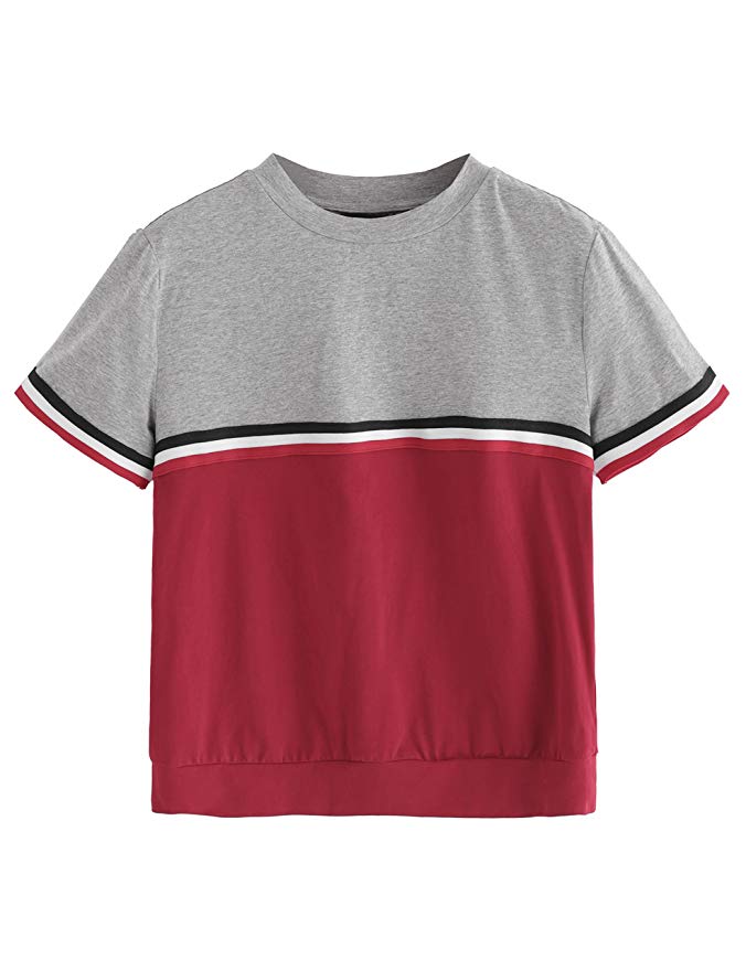 ROMWE Women's Color Block Round Neck Short Sleeve Pullover Striped Tee Shirt Top